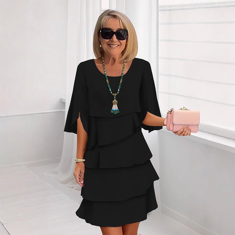 Layered Ruffle Dress Three Quarter Sleeves - Schwarz