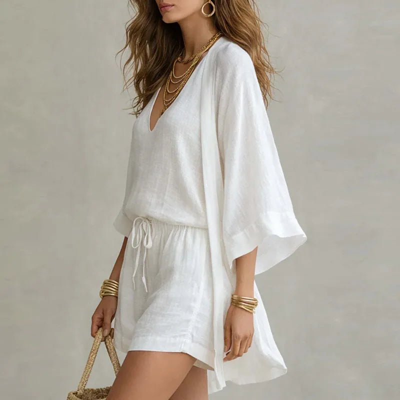 Linen 3 Piece Co-ord Set V-Neck Top Drawstring Shorts
