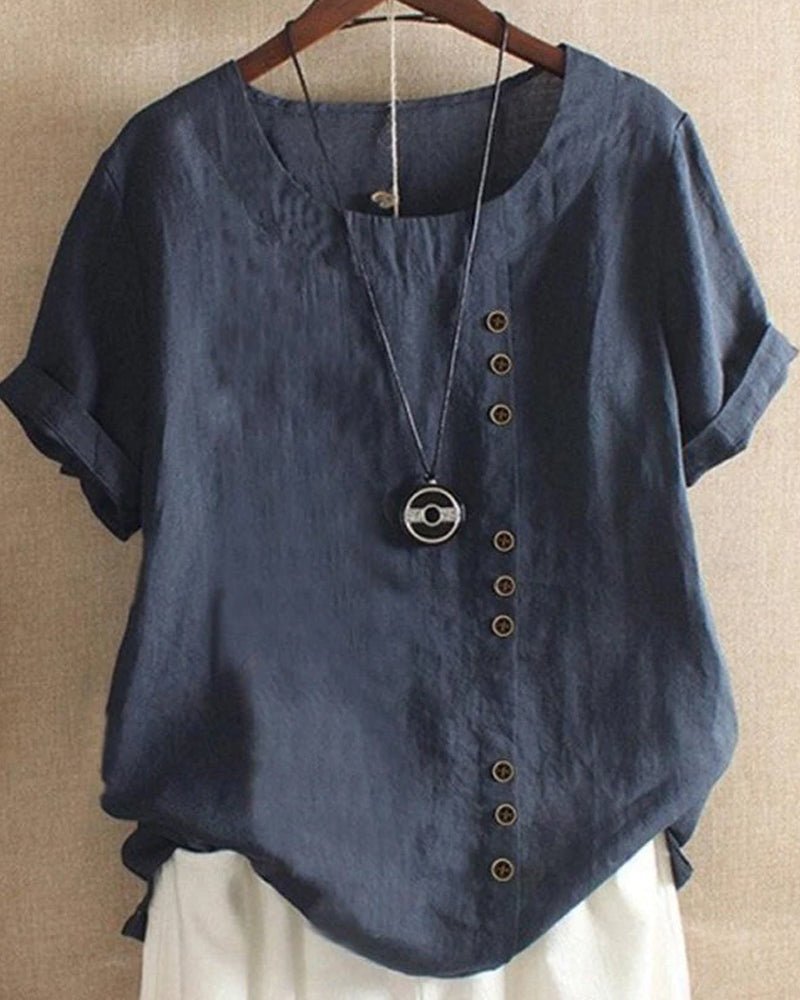 Linen Button Front Top Short Sleeve Crew Neck Casual - Blue