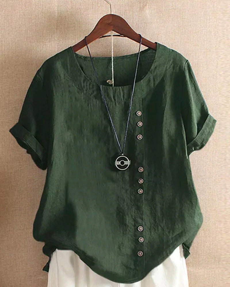 Linen Button Front Top Short Sleeve Crew Neck Casual - Green