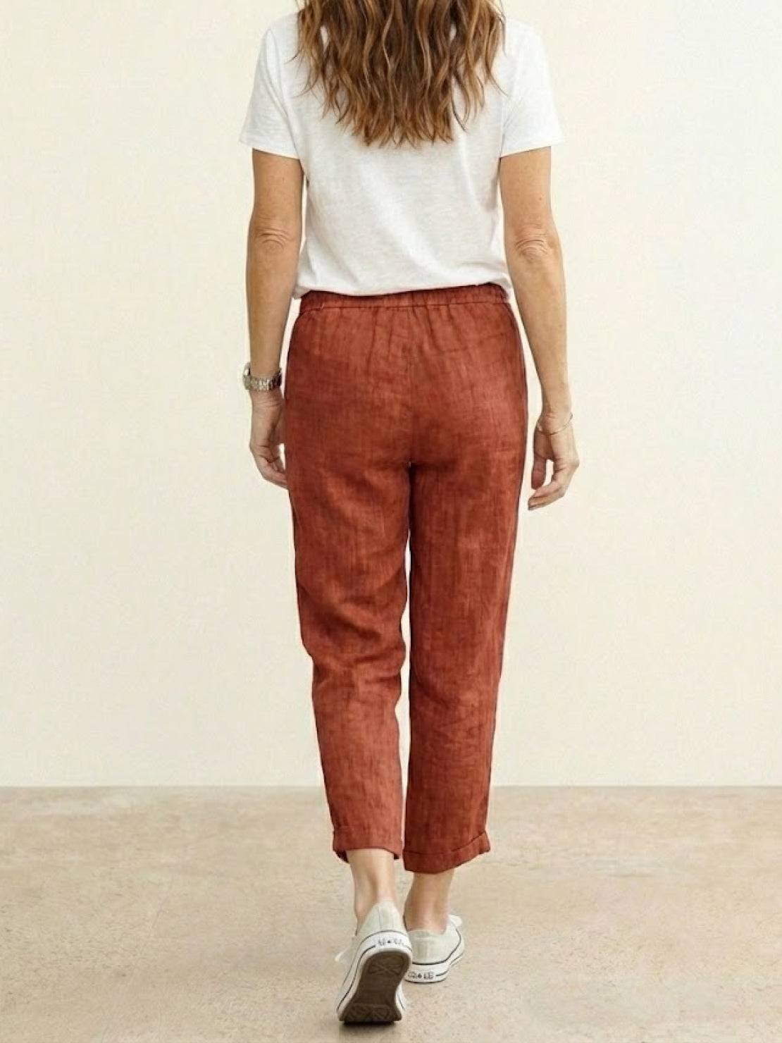 Linen Drawstring Trousers Relaxed Straight Leg
