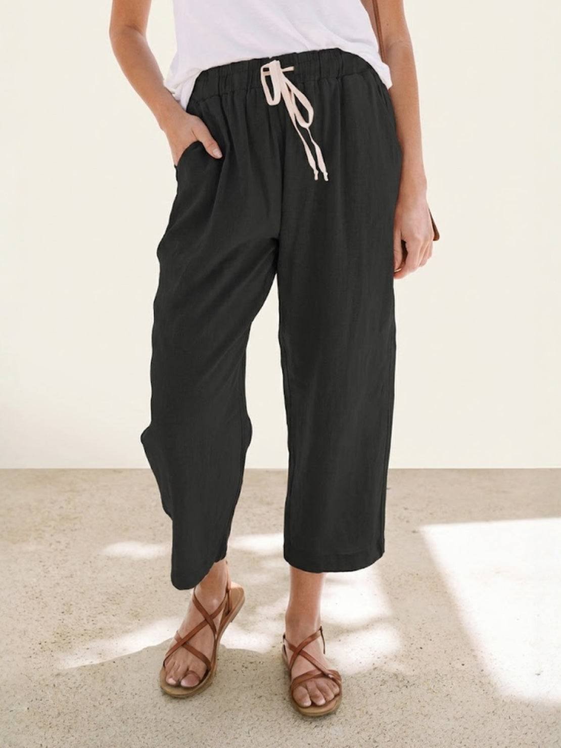 Linen Drawstring Trousers Relaxed Straight Leg - Black