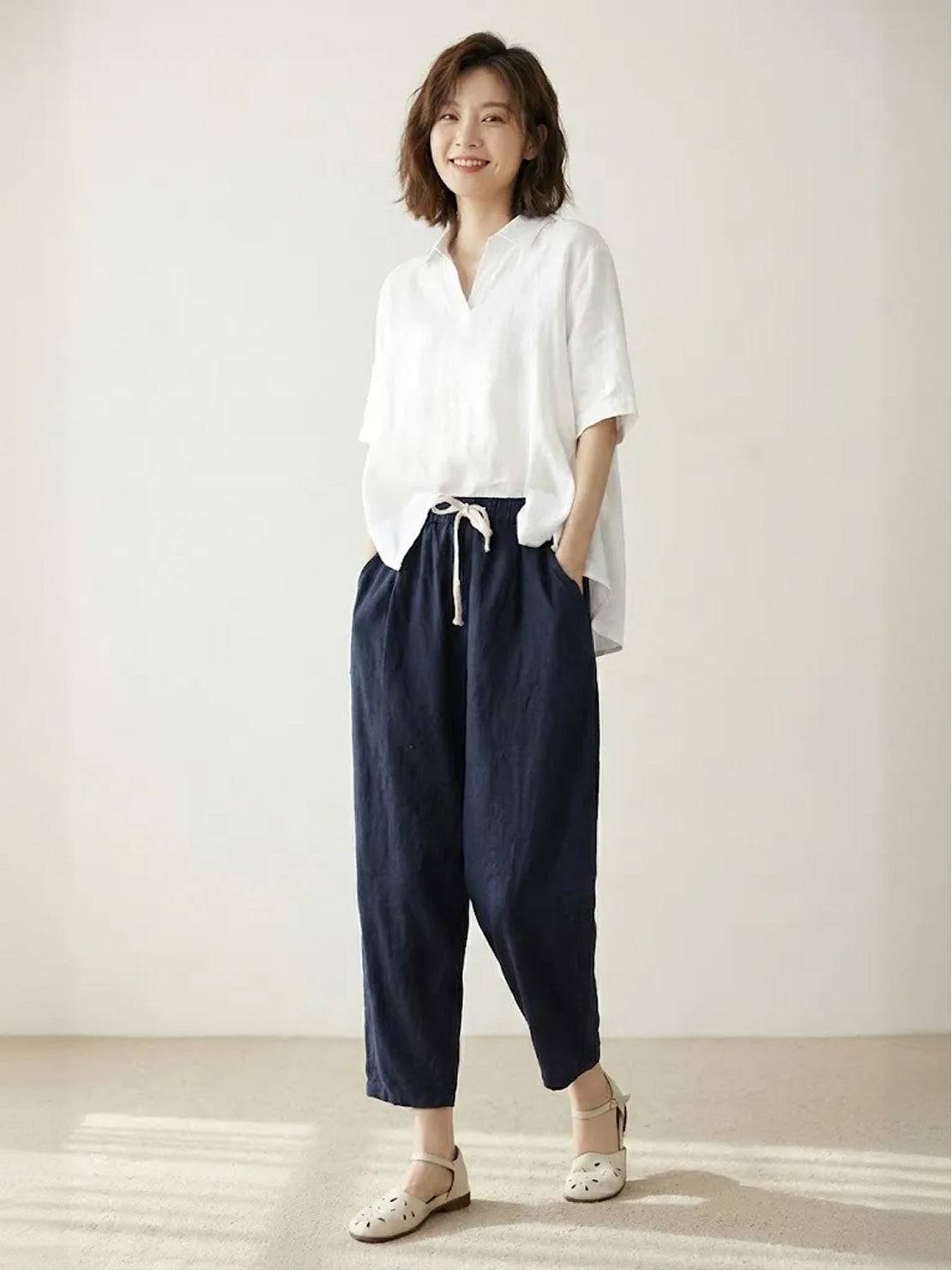 Linen Drawstring Trousers Relaxed Straight Leg