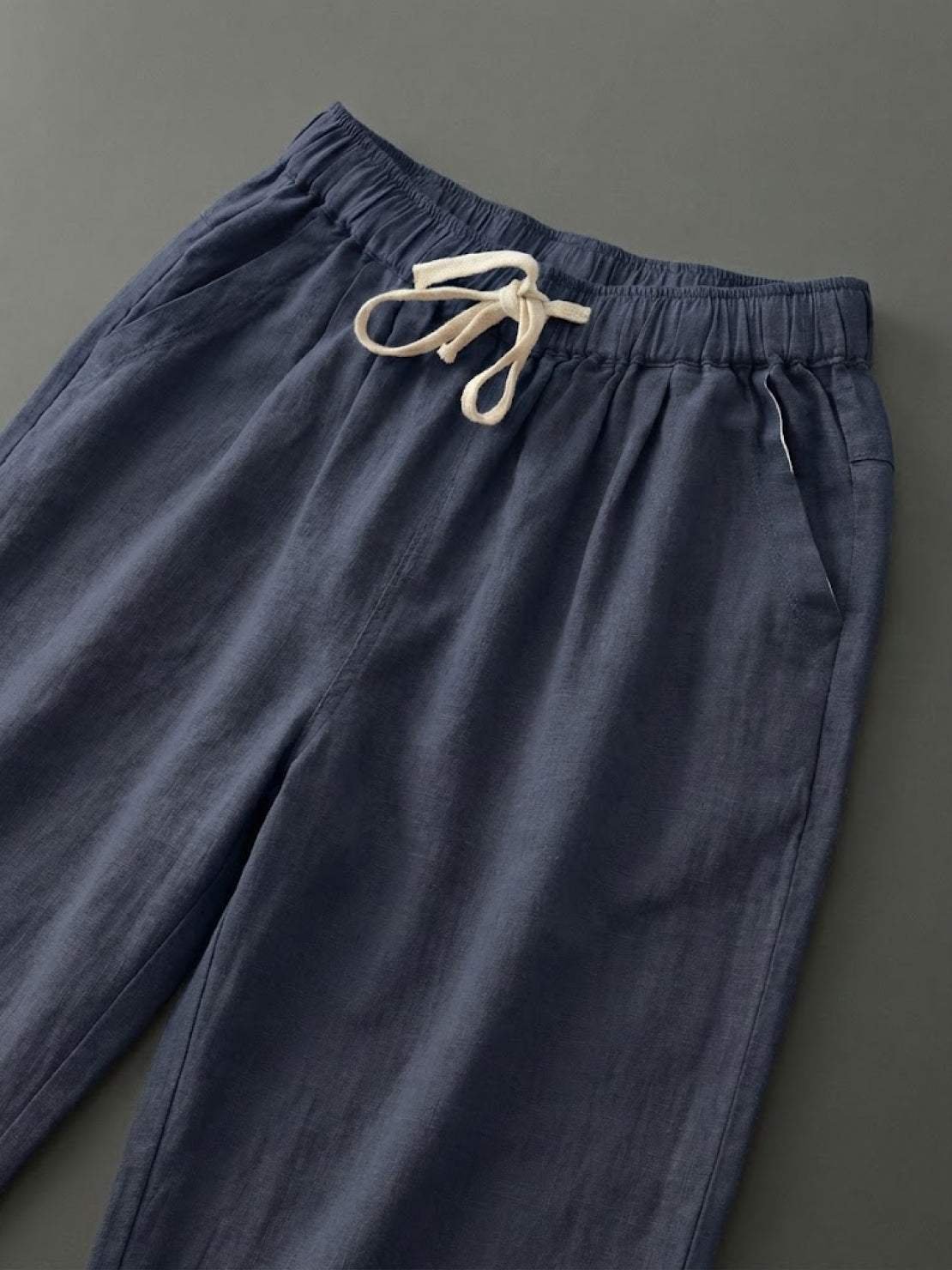 Linen Drawstring Trousers Relaxed Straight Leg