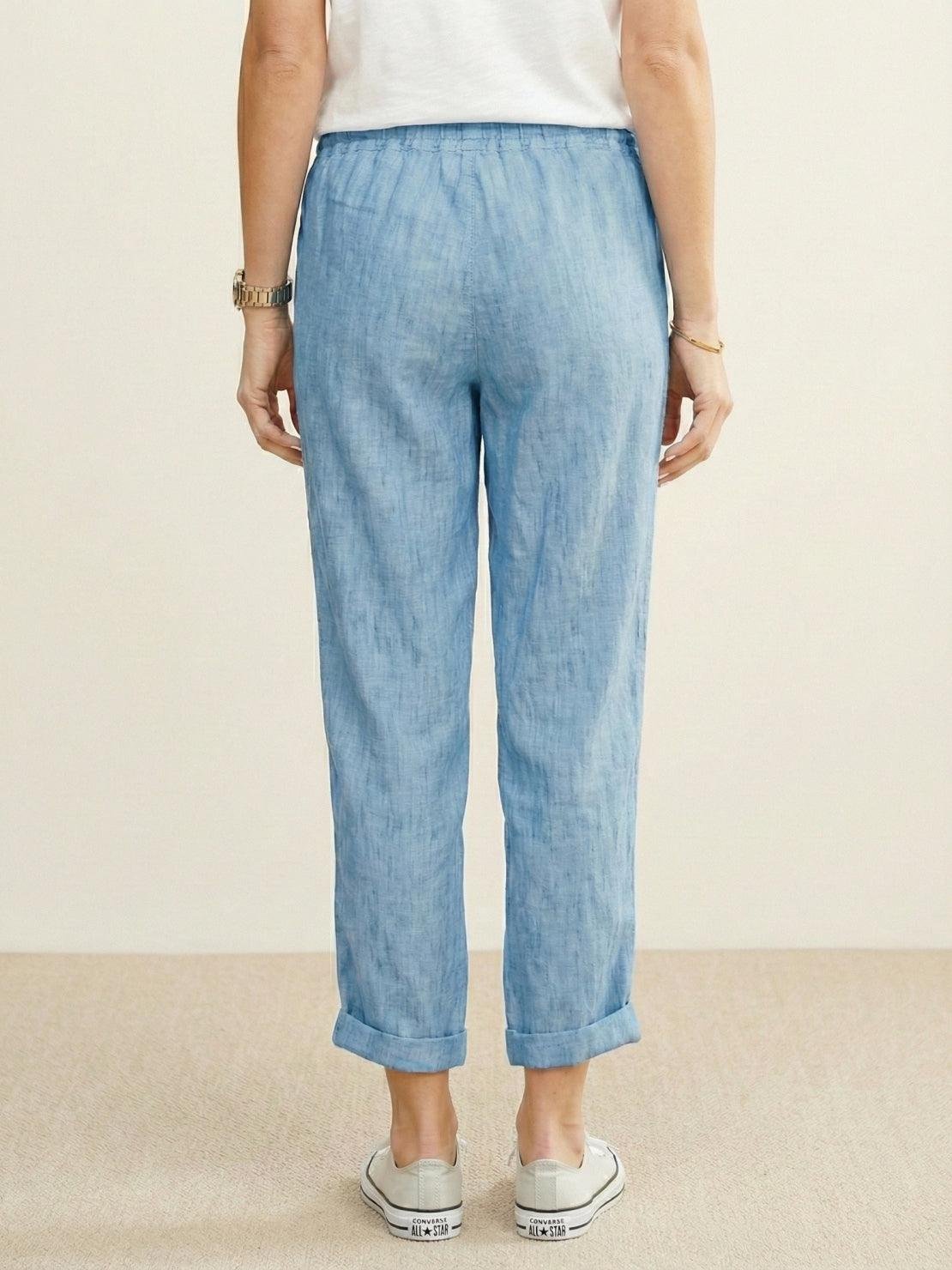 Linen Drawstring Trousers Relaxed Straight Leg