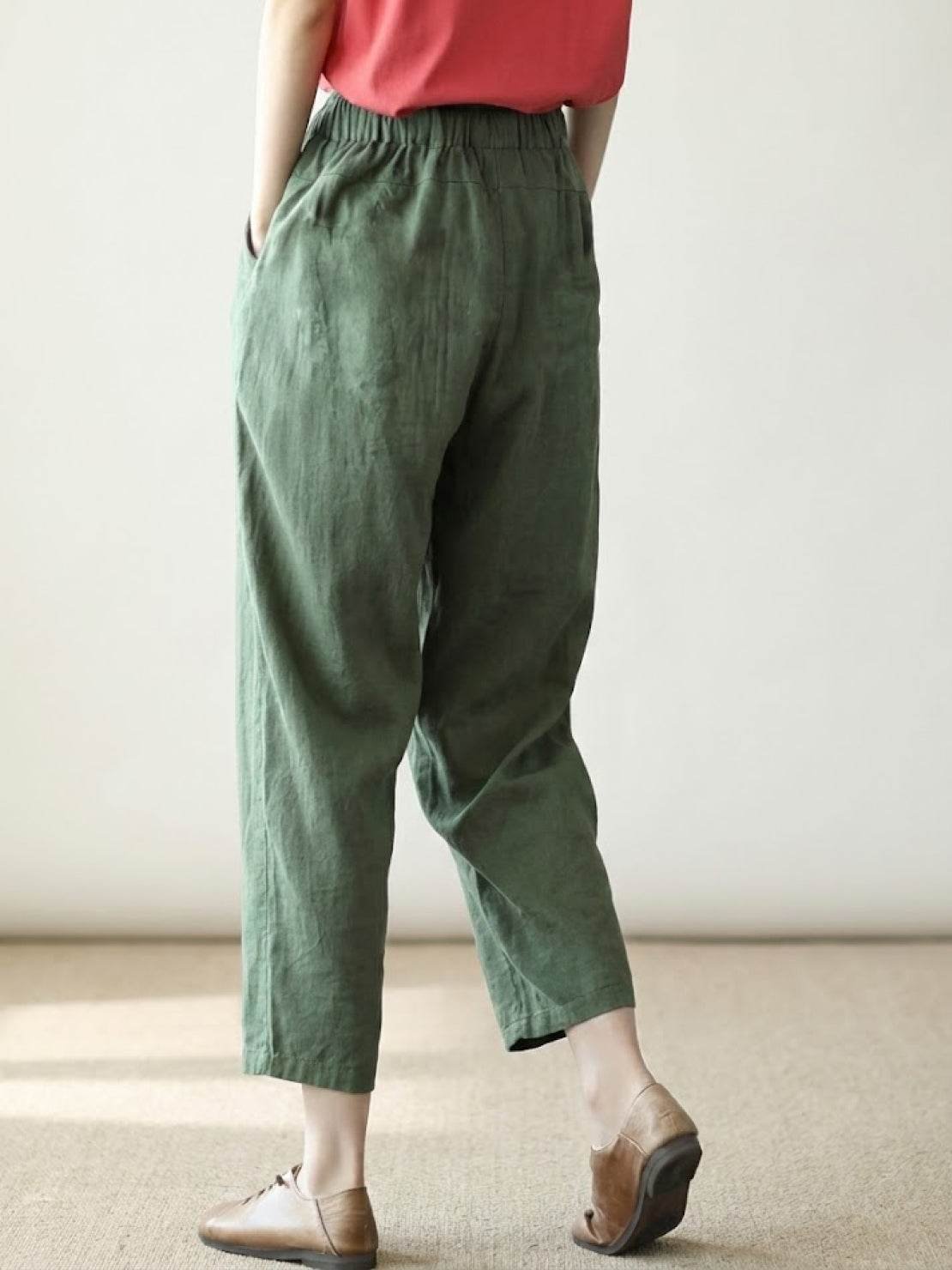 Linen Drawstring Trousers Relaxed Straight Leg