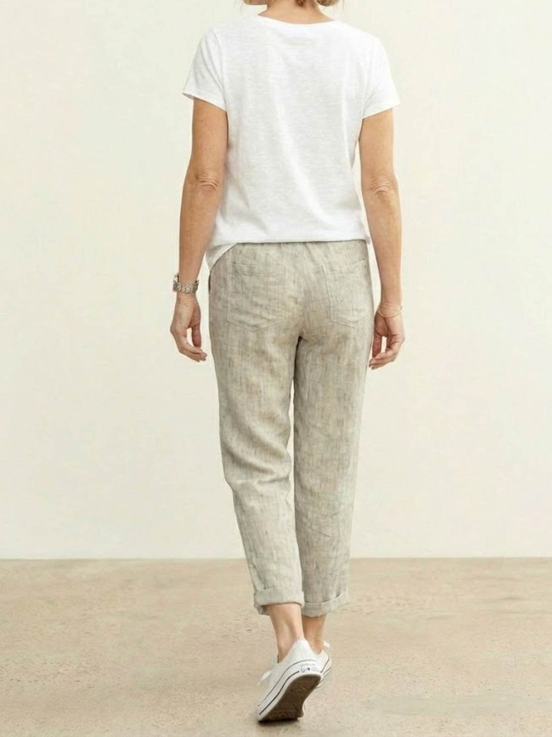 Linen Drawstring Trousers Relaxed Straight Leg