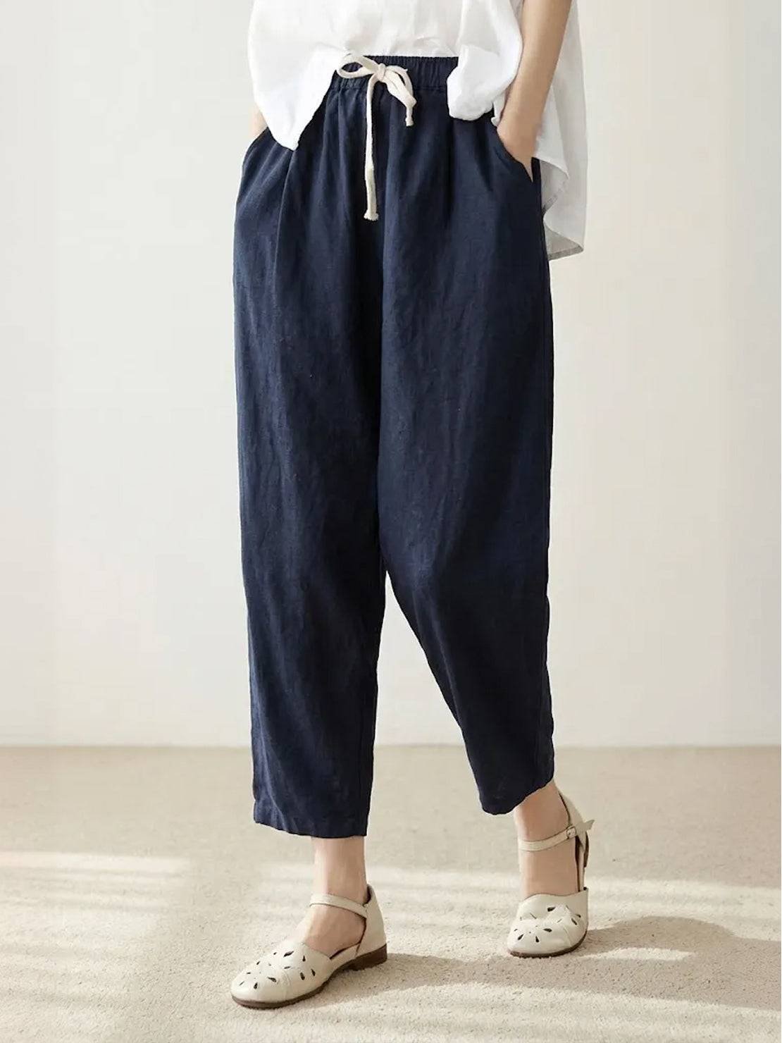 Linen Drawstring Trousers Relaxed Straight Leg - Navy Blue