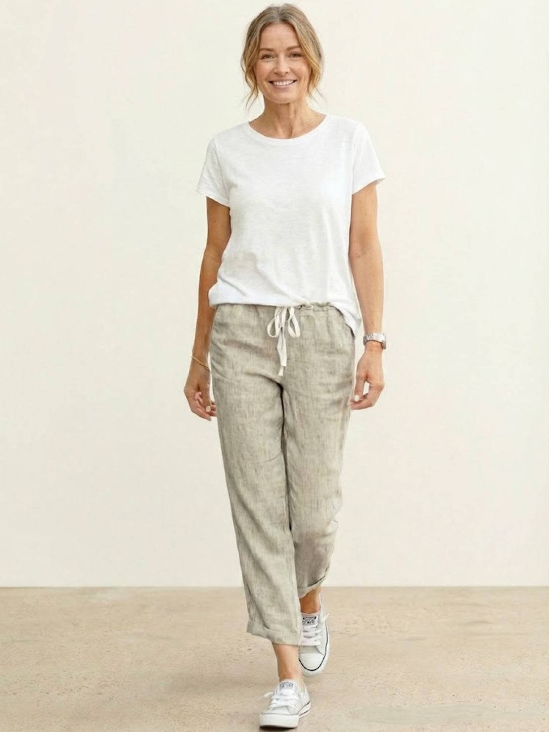 Linen Drawstring Trousers Relaxed Straight Leg