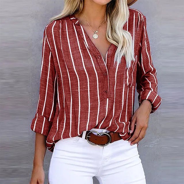 Linen-Look Striped Blouse V-Neck Long Sleeve Summer - Rust Stripe Linen