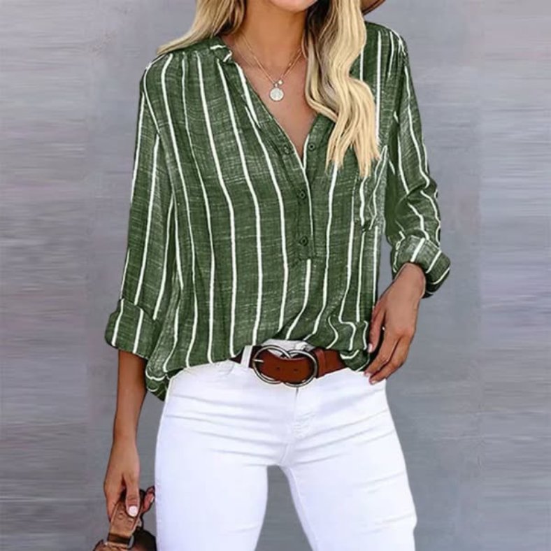 Linen-Look Striped Blouse V-Neck Long Sleeve Summer - Olive Stripe Linen