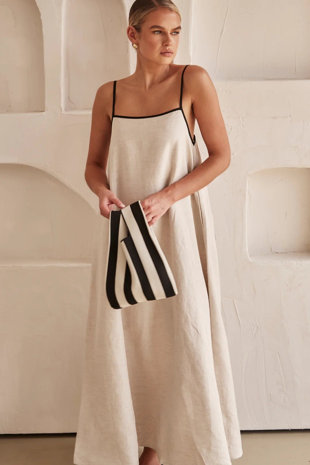 Linen Maxi Dress Contrast Trim Adjustable Straps