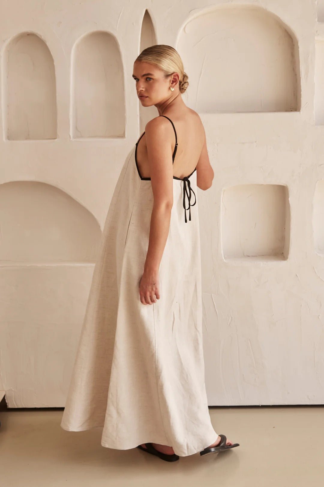 Linen Maxi Dress Contrast Trim Adjustable Straps