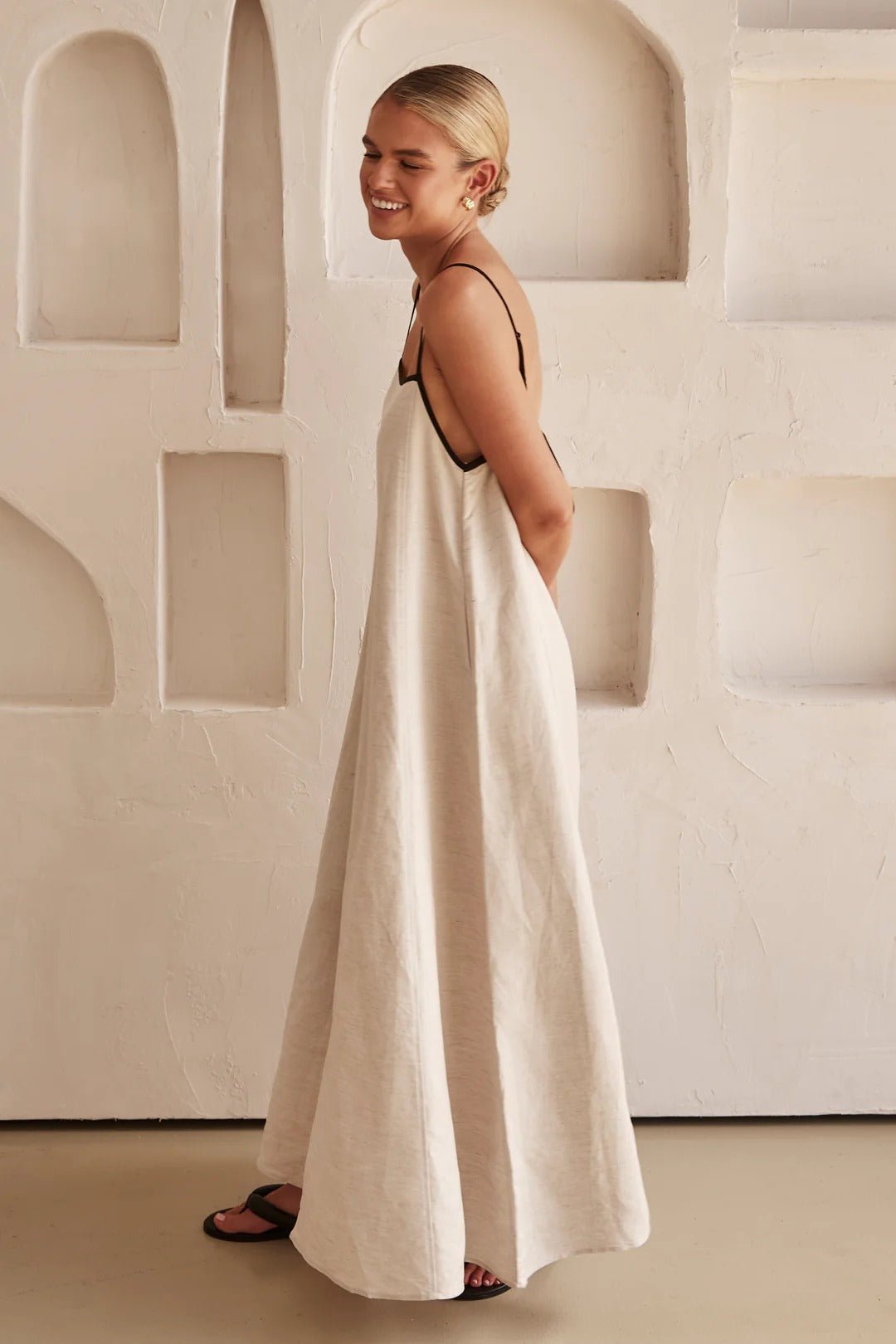 Linen Maxi Dress Contrast Trim Adjustable Straps