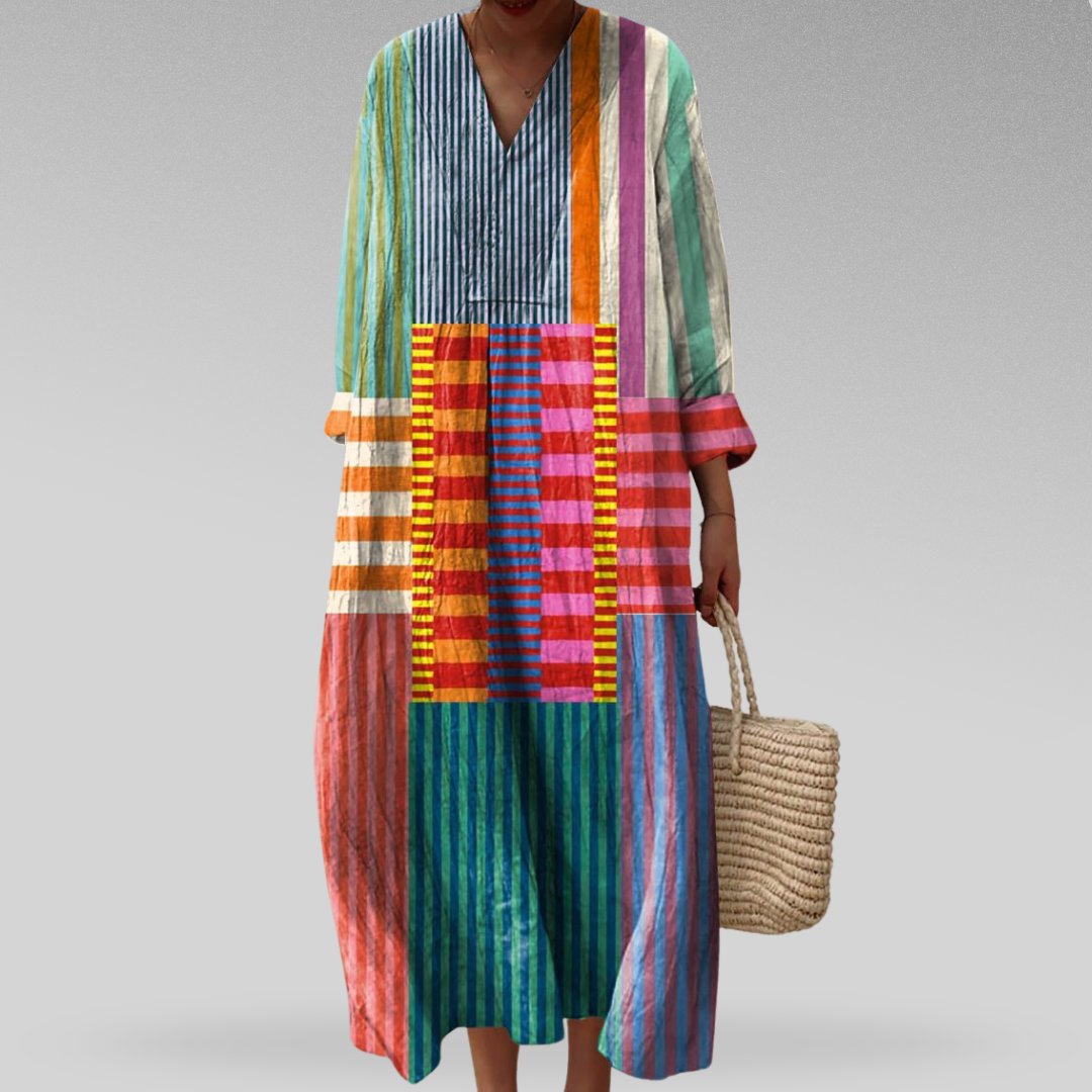 Linen Maxi Dress Oversized V-Neck Colourblock