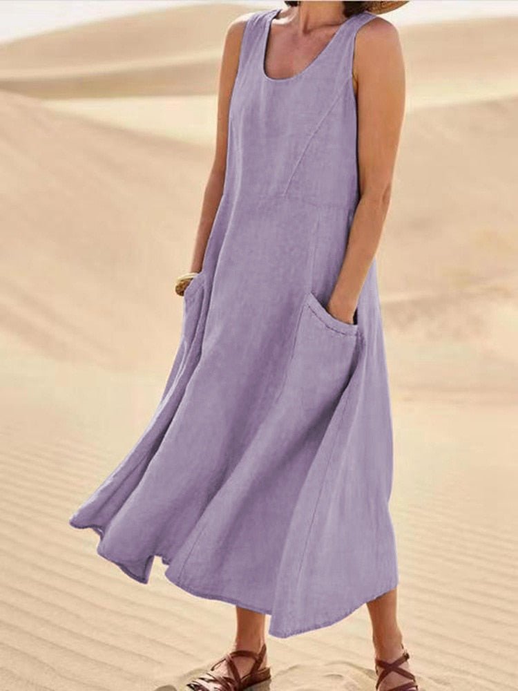 Linen Maxi Dress Sleeveless Scoop Neck Side Pockets - Purple
