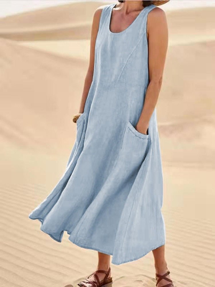 Linen Maxi Dress Sleeveless Scoop Neck Side Pockets - Light Blue