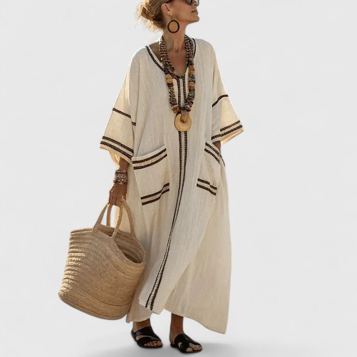 Linen Maxi Dress V-Neck Striped 3/4 Sleeve Pockets - Gray