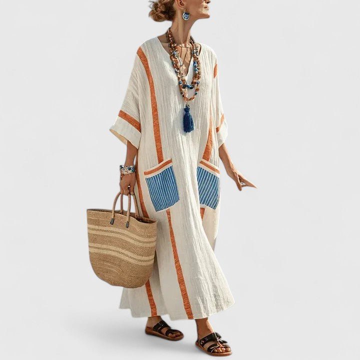 Linen Maxi Dress V-Neck Striped 3/4 Sleeve Pockets - Orange Blue