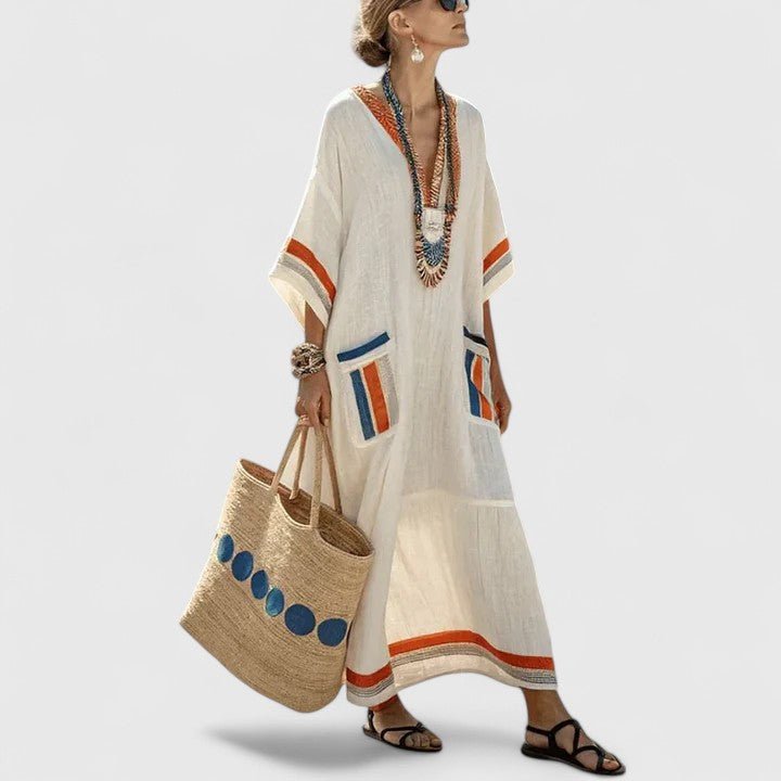 Linen Maxi Dress V-Neck Striped 3/4 Sleeve Pockets - Cream