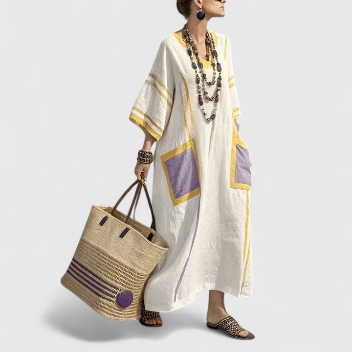 Linen Maxi Dress V-Neck Striped 3/4 Sleeve Pockets - Yellow Purple