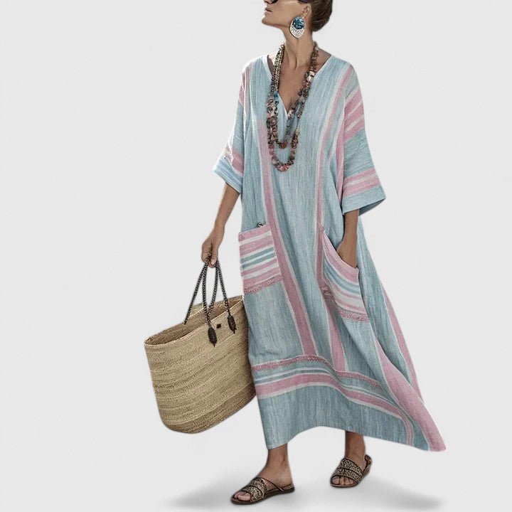 Linen Maxi Dress V-Neck Striped 3/4 Sleeve Pockets - Pink Green