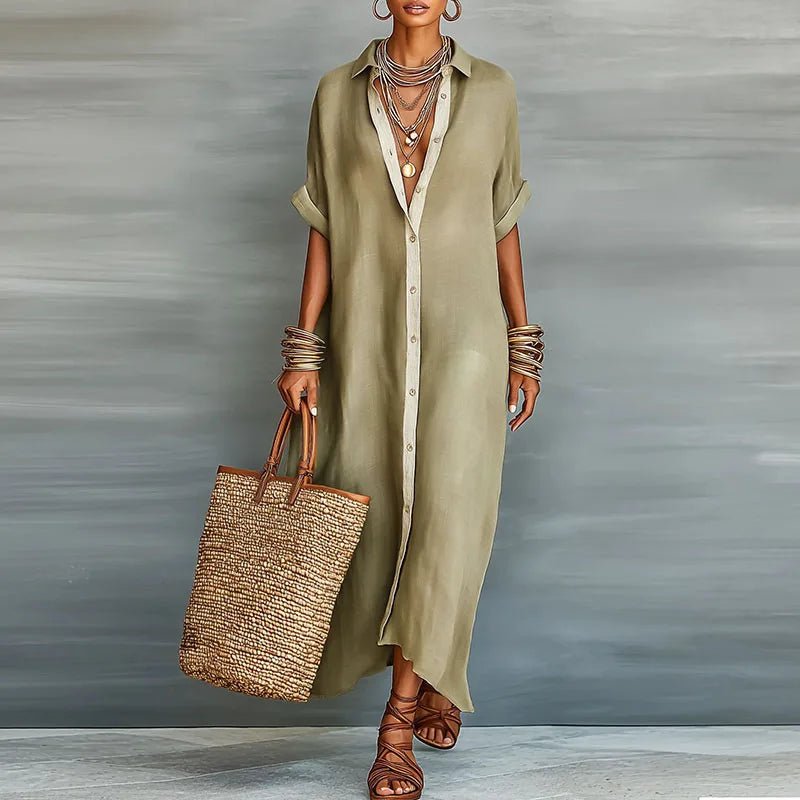 Linen Maxi Shirt Dress Button-Down Collar - Khaki