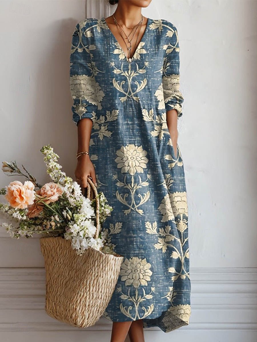 Linen Midi Dress V-Neck Bohemian Floral Print