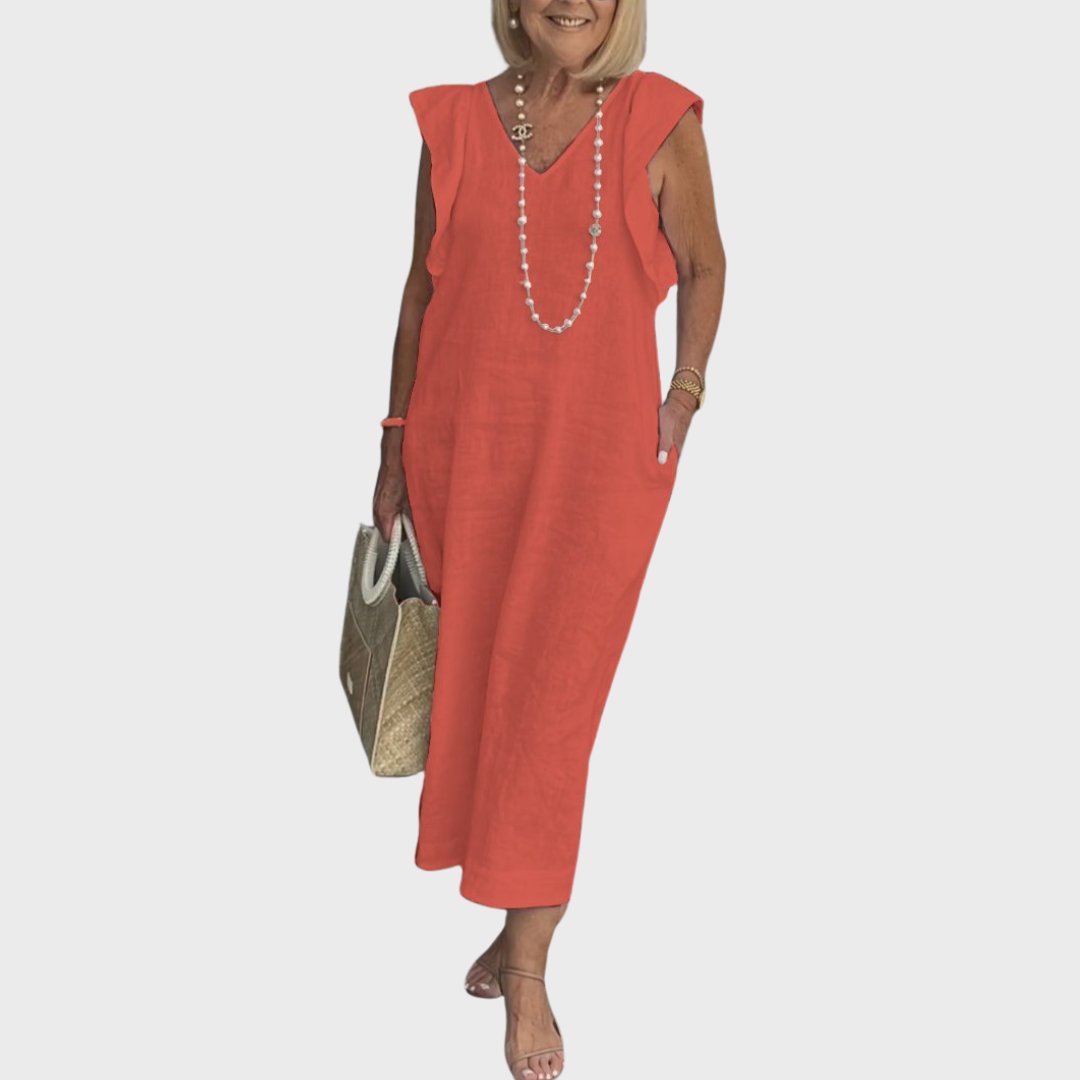 Linen Midi Dress V-Neck Ruffle Sleeves Back-Tie Detail - Red