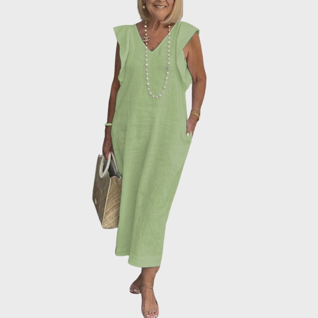 Linen Midi Dress V-Neck Ruffle Sleeves Back-Tie Detail - Green