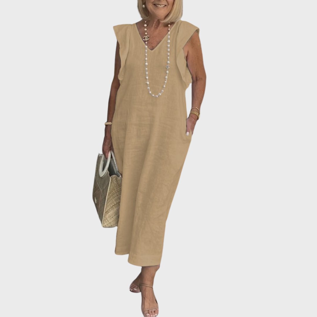 Linen Midi Dress V-Neck Ruffle Sleeves Back-Tie Detail - Khaki