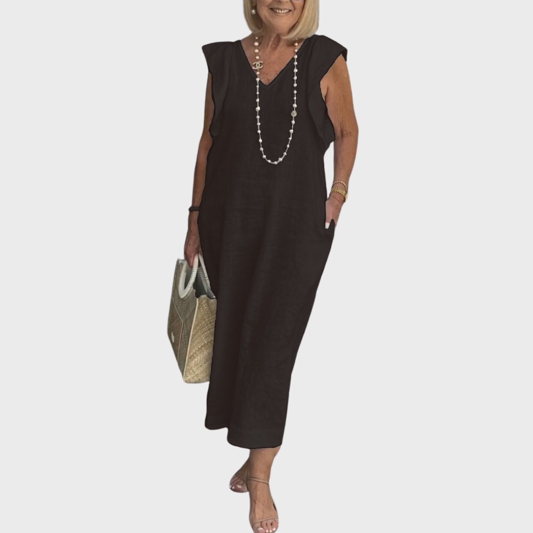 Linen Midi Dress V-Neck Ruffle Sleeves Back-Tie Detail - Black