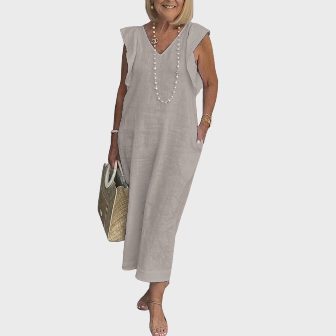 Linen Midi Dress V-Neck Ruffle Sleeves Back-Tie Detail - Grey