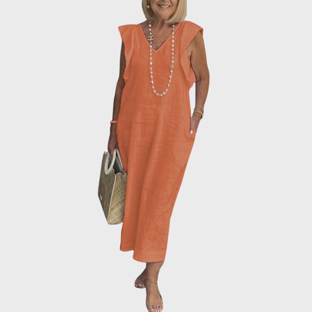 Linen Midi Dress V-Neck Ruffle Sleeves Back-Tie Detail - Orange