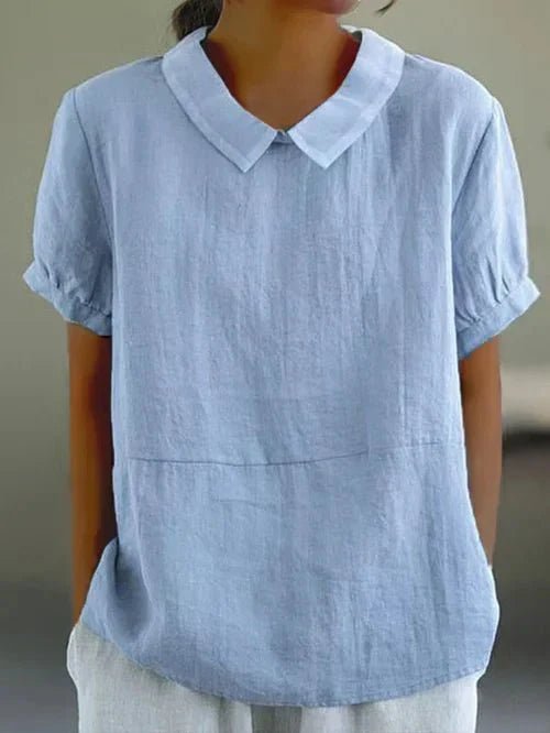 Linen Peter Pan Collar Top Short Sleeve Casual Blouse - Blue