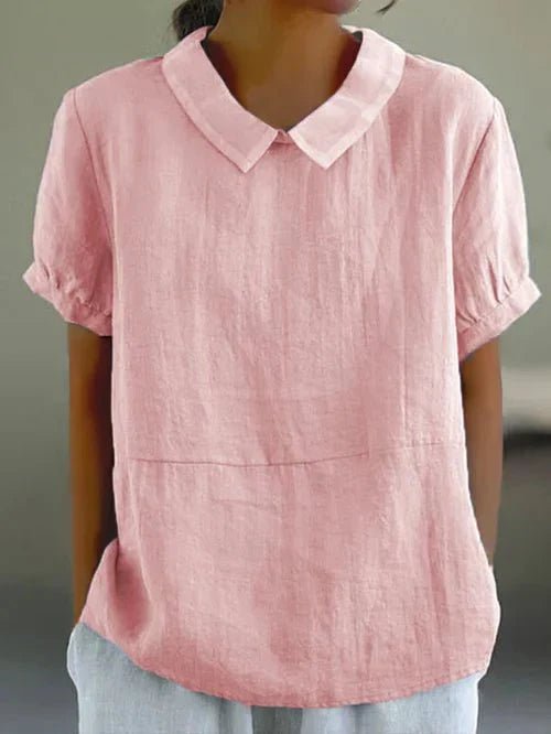 Linen Peter Pan Collar Top Short Sleeve Casual Blouse - Pink
