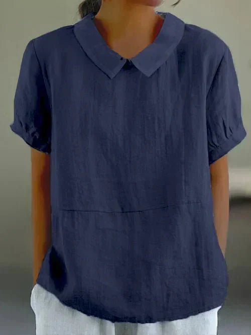 Linen Peter Pan Collar Top Short Sleeve Casual Blouse - Marine Blue