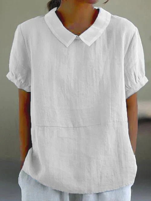 Linen Peter Pan Collar Top Short Sleeve Casual Blouse - White