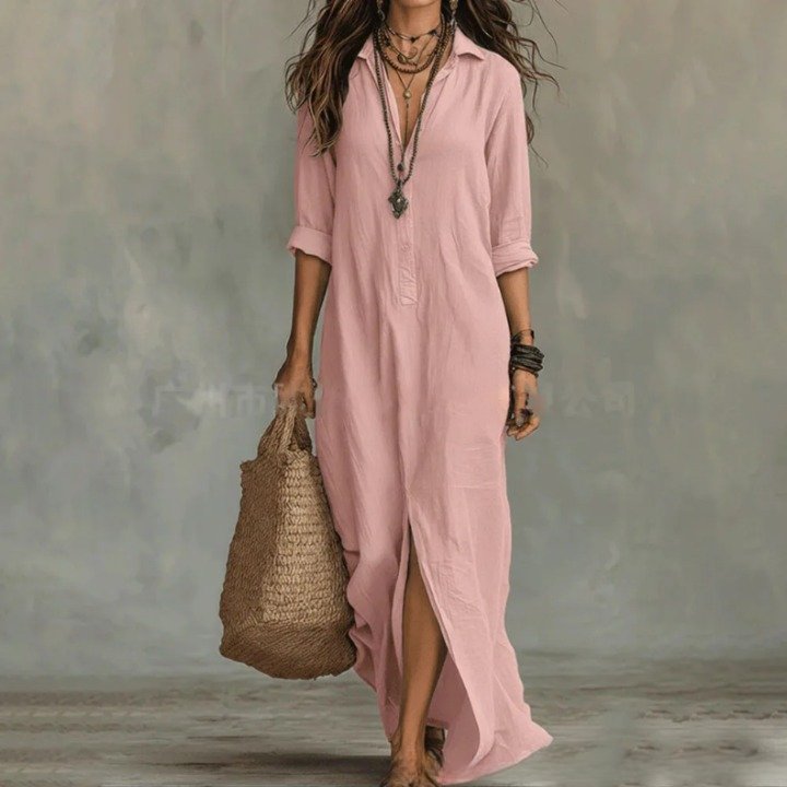 Linen Shirt Dress Long Sleeve Button Down Maxi - Pink