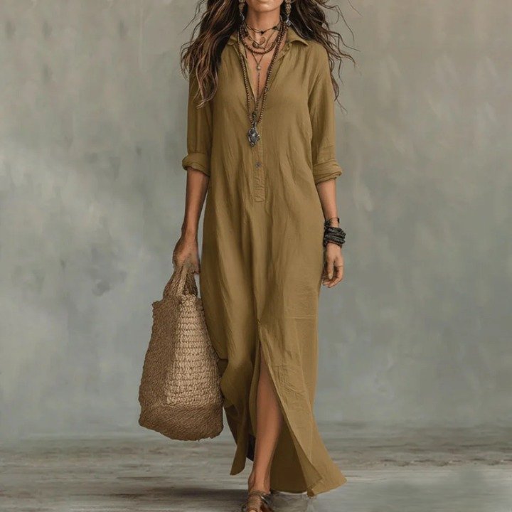 Linen Shirt Dress Long Sleeve Button Down Maxi - Khaki