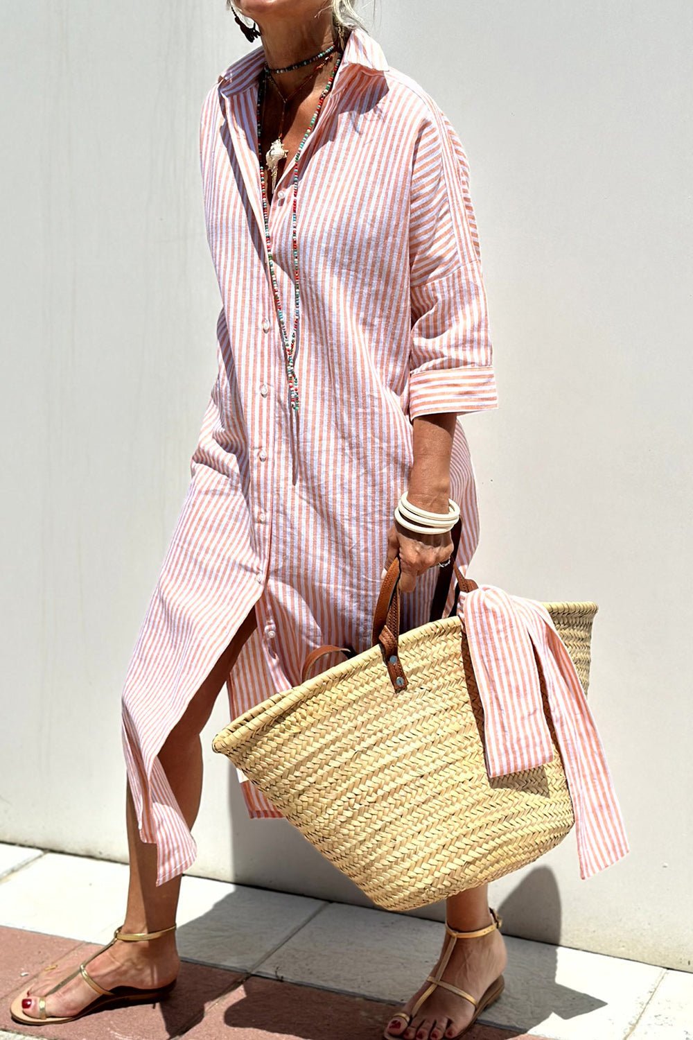 Linen Striped Shirt Dress Collared Button-Down Midi