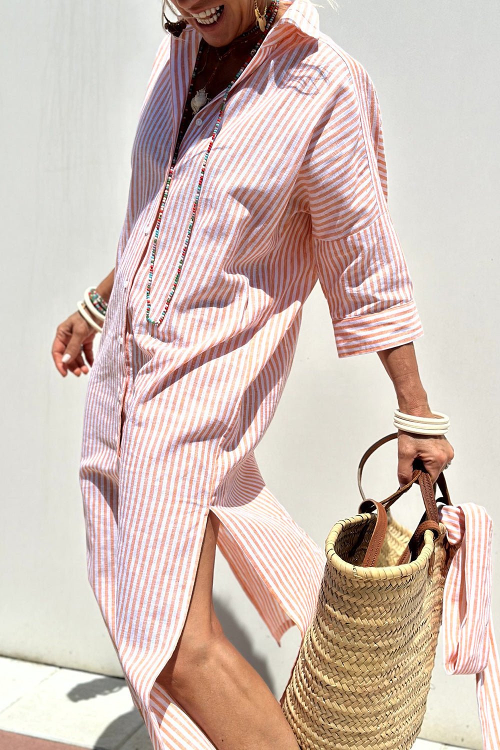 Linen Striped Shirt Dress Collared Button-Down Midi - Pink