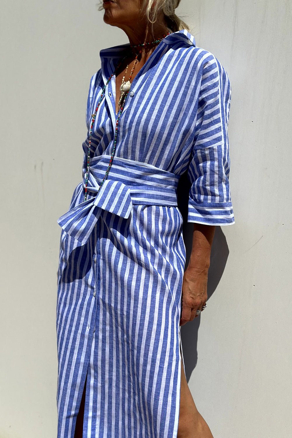 Linen Striped Shirt Dress Collared Button-Down Midi