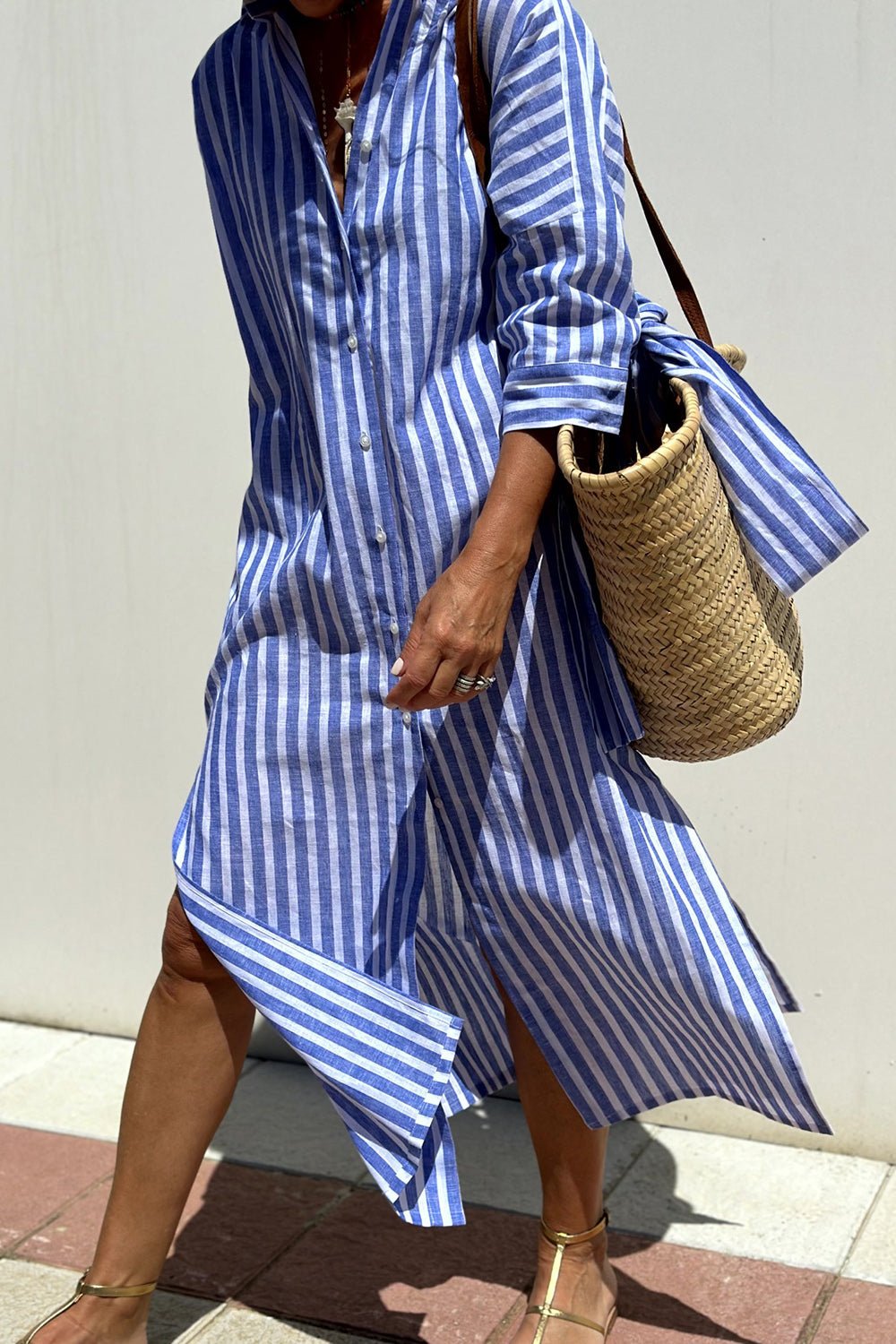 Linen Striped Shirt Dress Collared Button-Down Midi - Blue