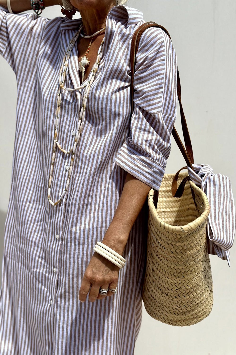 Linen Striped Shirt Dress Collared Button-Down Midi - Khaki