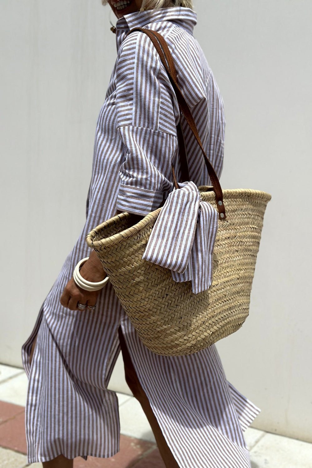 Linen Striped Shirt Dress Collared Button-Down Midi