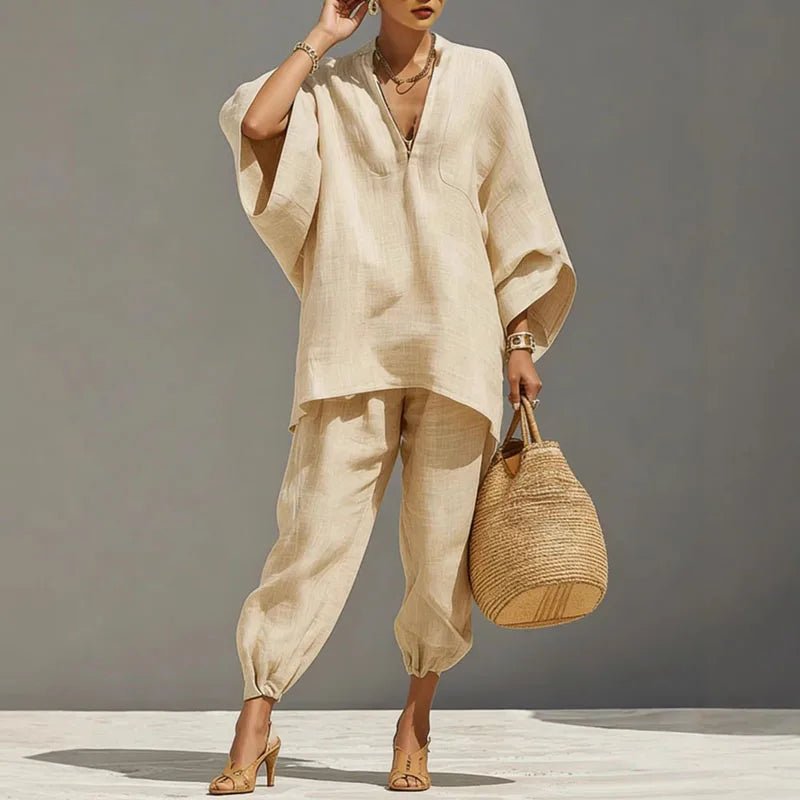 Linen Two-Piece Set Batwing Sleeves Relaxed Fit - Apricot
