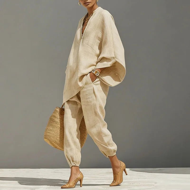 Linen Two-Piece Set Batwing Sleeves Relaxed Fit