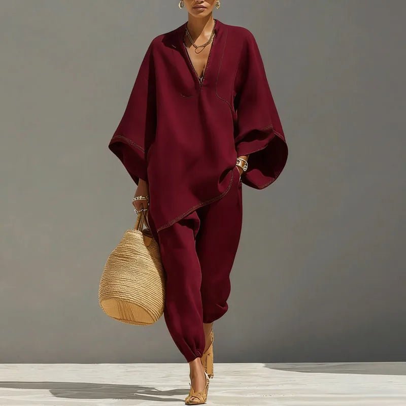 Linen Two-Piece Set Batwing Sleeves Relaxed Fit - Wine Red