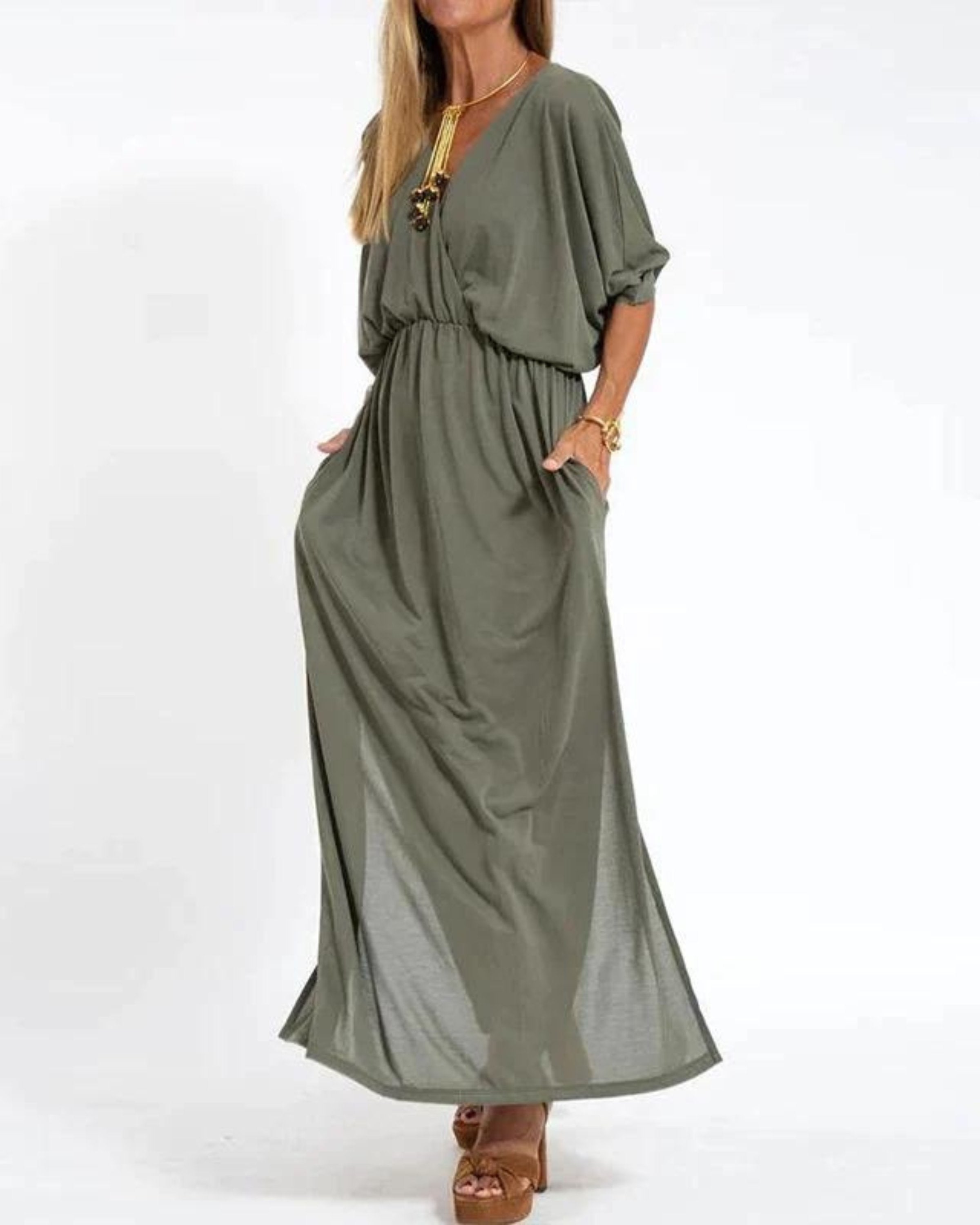 Maxi Dress Batwing Sleeves Elastic Waist Summer - Army Green
